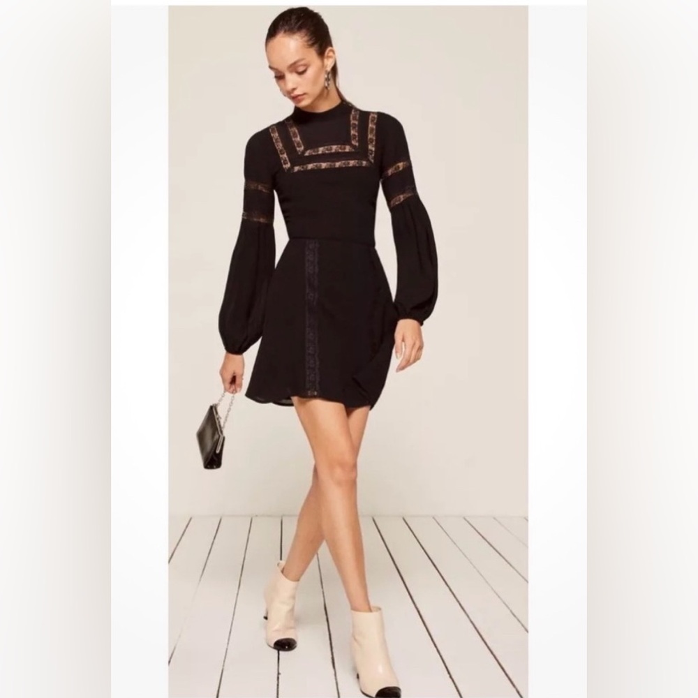 Reformation Sachi Black Lace Mini Dress Long Sleeve Size 8